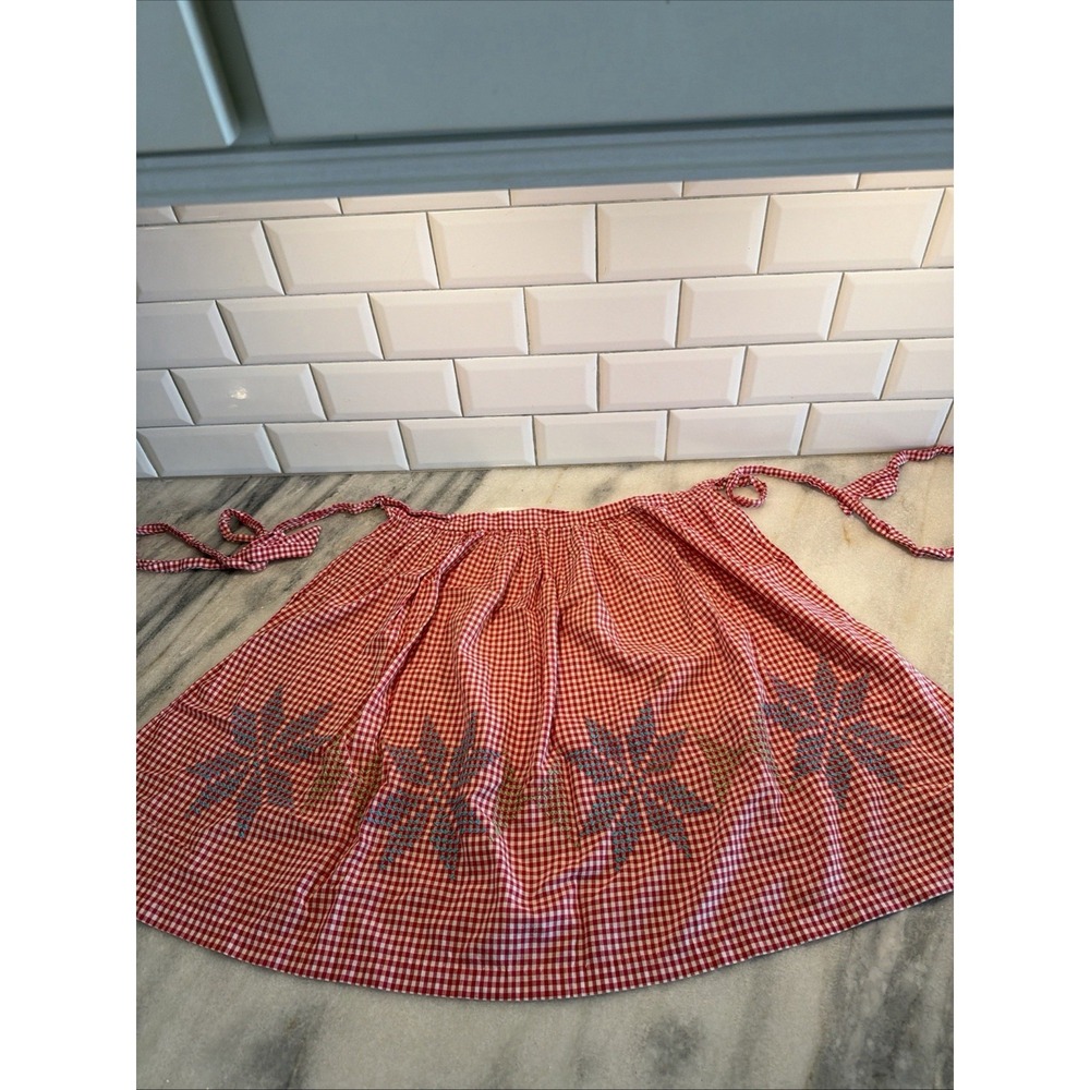 Vintage Hand Made Half Apron With Embroidery Red and White Check - Picture 1 of 9